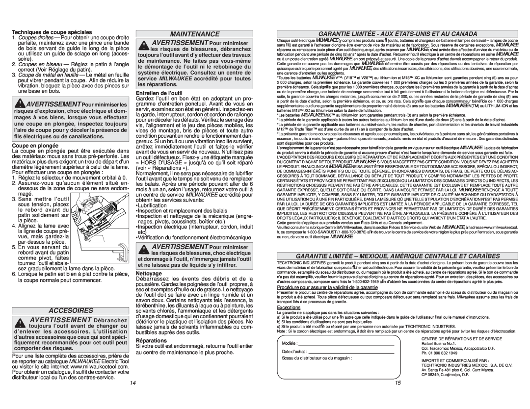 Milwaukee 6278-20 manual Accesoires, Garantie Limitée - Aux États-Unis Et Au Canada, Maintenance 