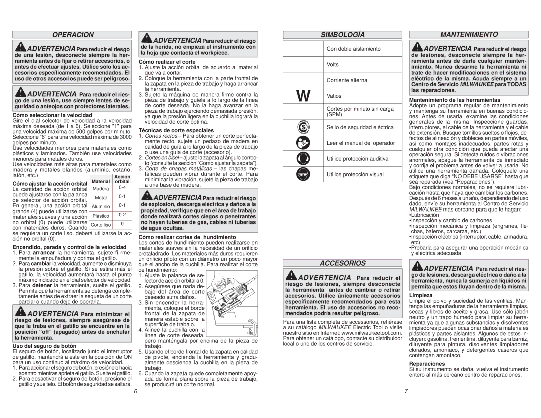 Milwaukee 6278-59A, 6278-59B manual Operacion, Simbología, Accesorios 