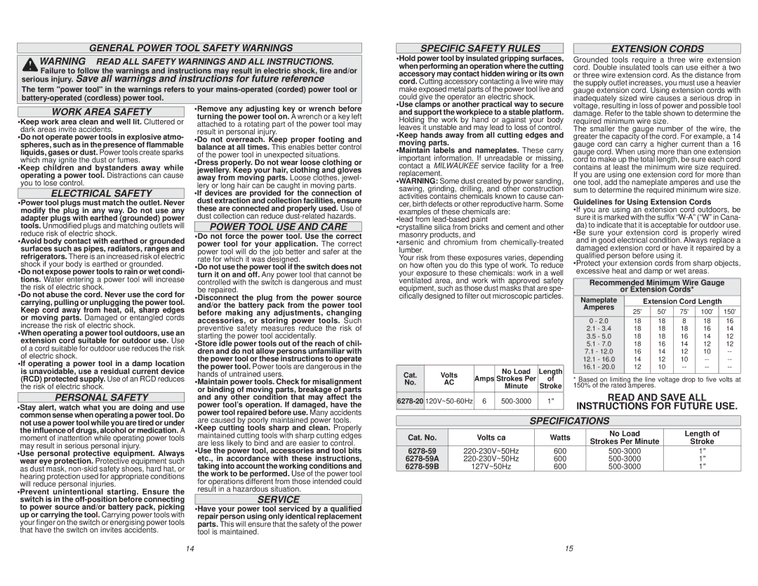 Milwaukee 6278-59 General Power Tool Safety Warnings, Electrical Safety, Power Tool USE and Care, Personal Safety, Service 