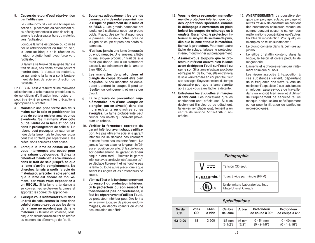 Milwaukee 6310-20 manual Pictographie, Spéciﬁcations 