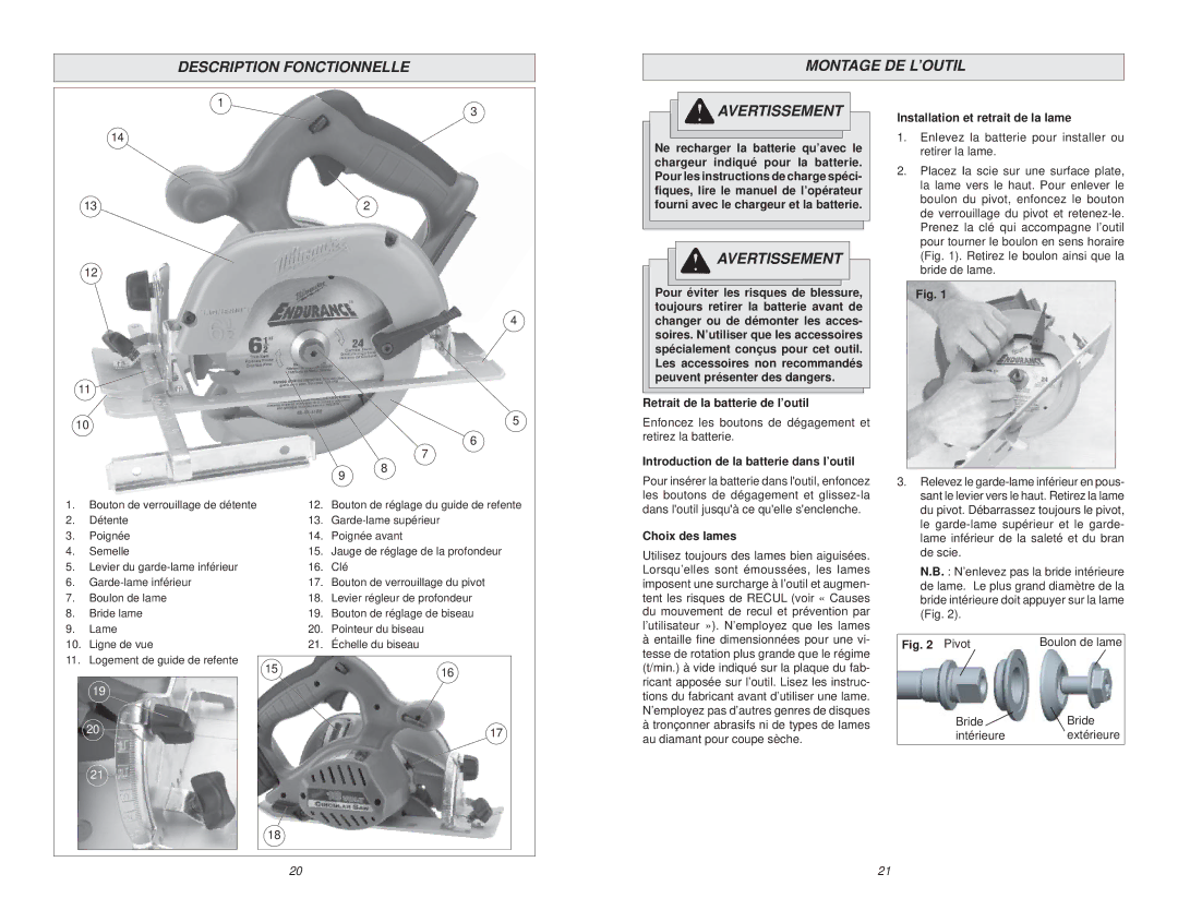 Milwaukee 6310-20 manual Description Fonctionnelle Montage DE L’OUTIL, Retrait de la batterie de l’outil, Choix des lames 