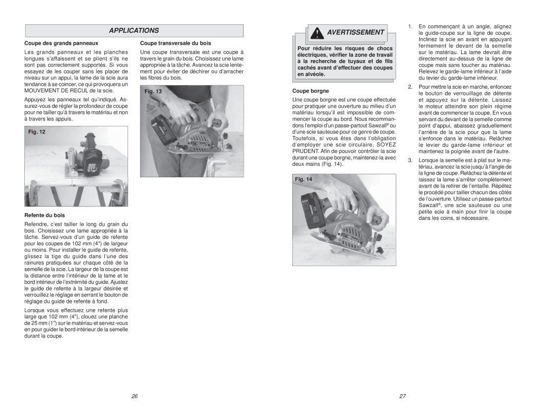 Milwaukee 6310-20 manual Applications Avertissement, Coupe des grands panneaux, Refente du bois, Coupe transversale du bois 