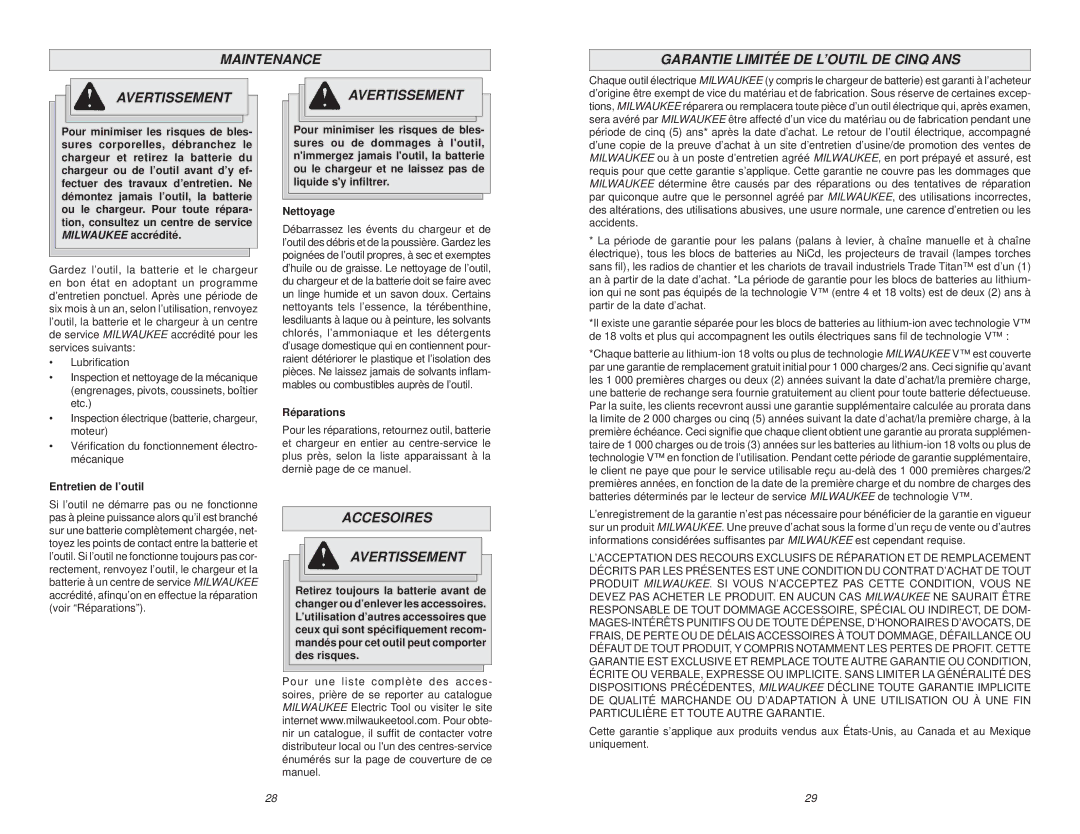 Milwaukee 6310-20 manual Accesoires Avertissement, Réparations, Entretien de l’outil 