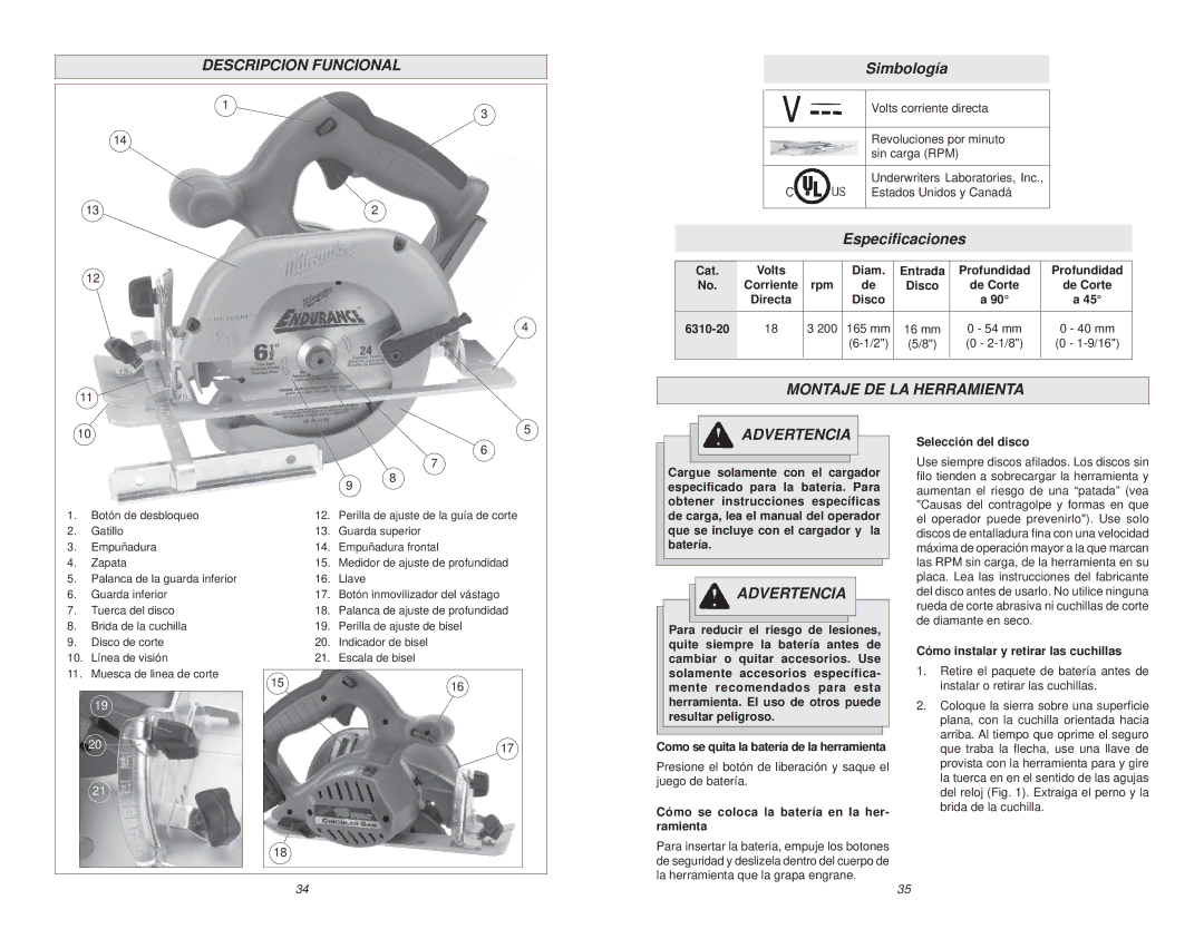Milwaukee 6310-20 manual Descripcion Funcional, Simbología, Especiﬁcaciones, Montaje DE LA Herramienta 