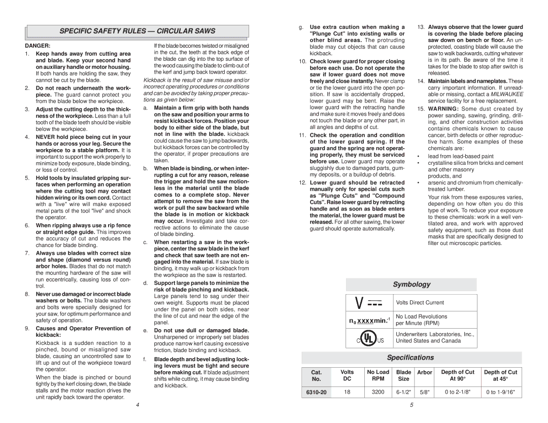 Milwaukee 6310-20 manual Specific Safety Rules Circular Saws, Symbology, Speciﬁcations 