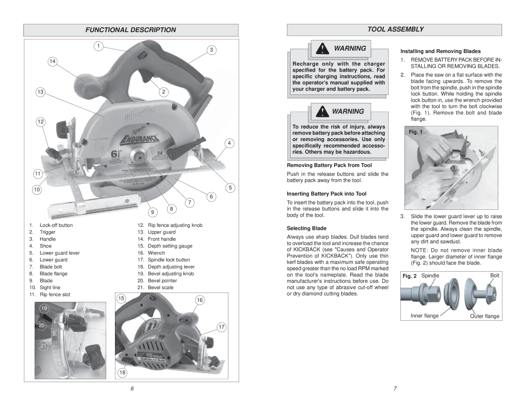 Milwaukee 6310-20 Functional Description Tool Assembly, Removing Battery Pack from Tool, Inserting Battery Pack into Tool 