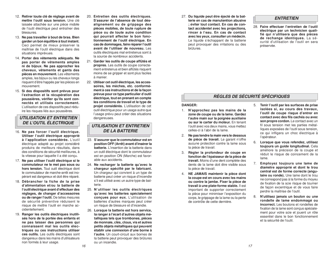 Milwaukee 6310-20 manual Règles DE Sécurité Spécifiques, Utilisation ET Entretien DE L’OUTIL Électrique 