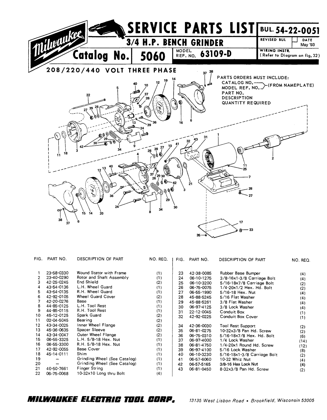 Milwaukee 63109-D manual Parts List, BL-54-22-0051, H.P. Bench Grinder, I2i 