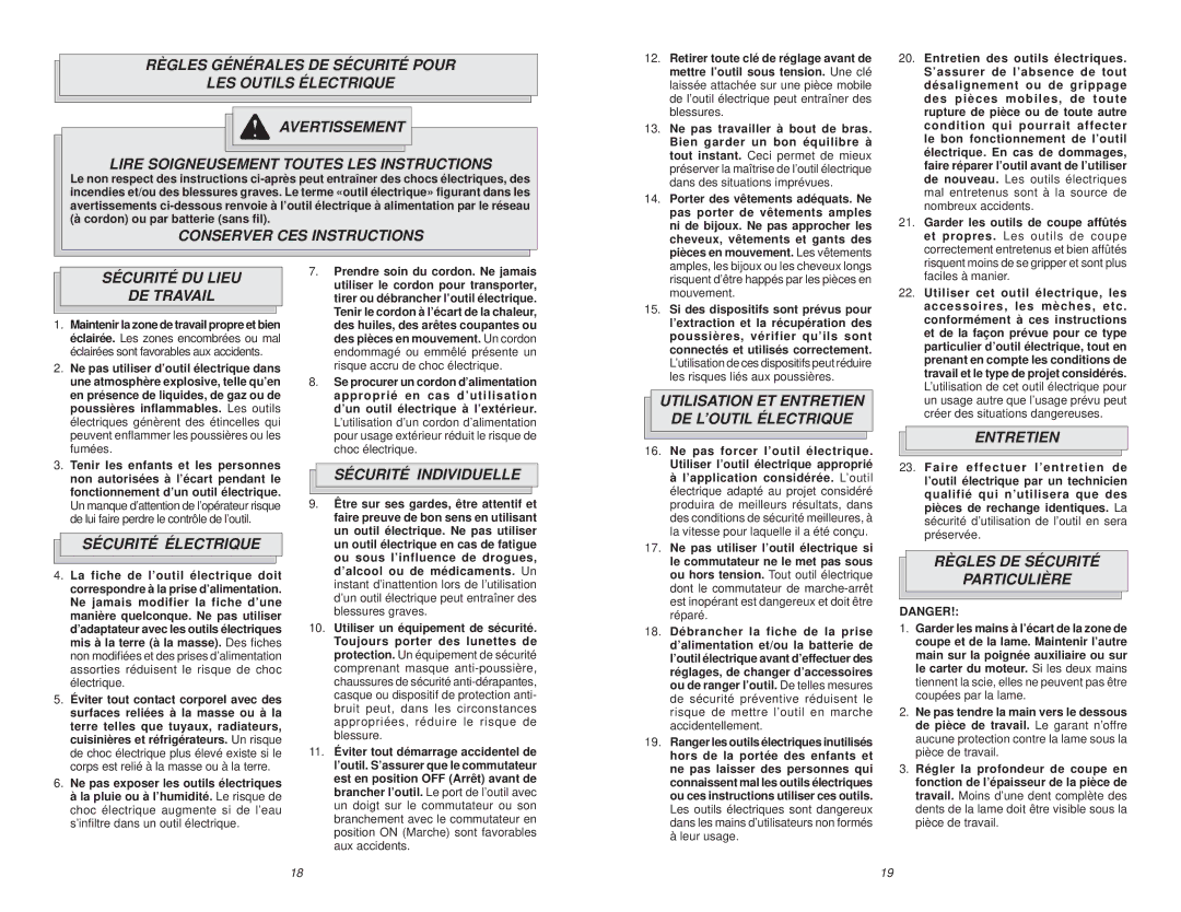 Milwaukee 6391 manual Conserver CES Instructions, Sécurité DU Lieu DE Travail, Sécurité Électrique, Sécurité Individuelle 