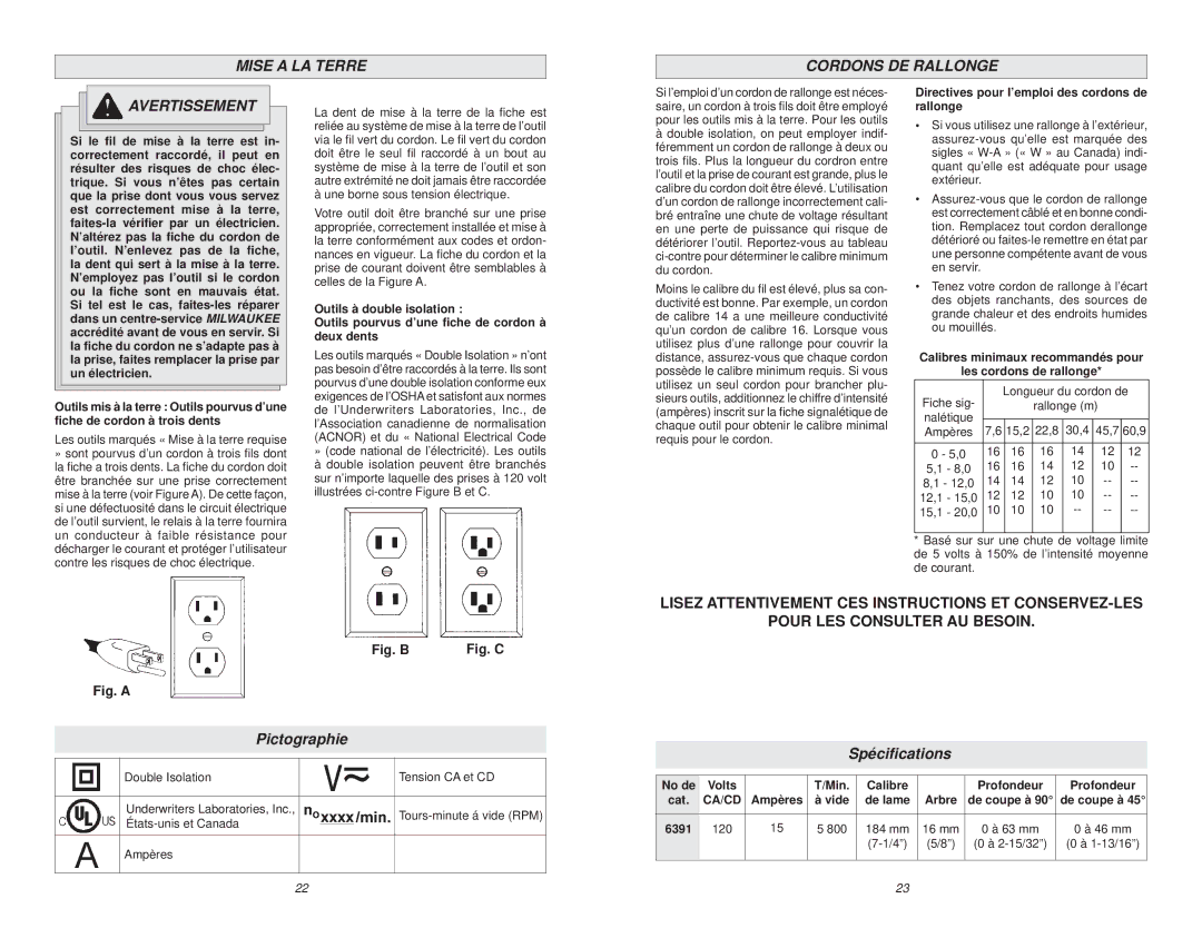 Milwaukee 6391 manual Mise a LA Terre Cordons DE Rallonge Avertissement 