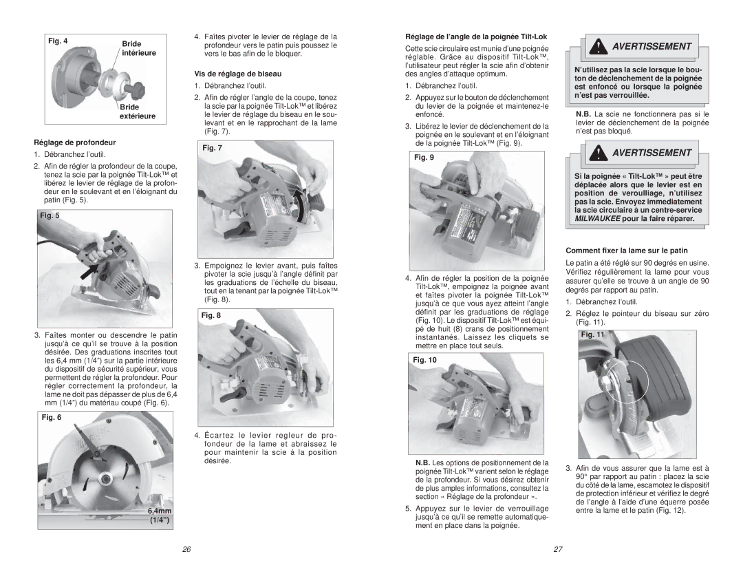 Milwaukee 6391 manual Bride, Réglage de profondeur, Vis de réglage de biseau, Réglage de l’angle de la poignée Tilt-Lok 