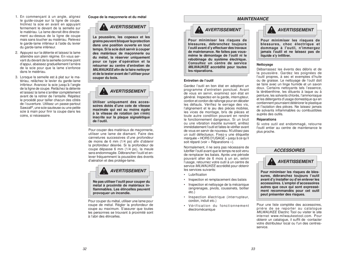 Milwaukee 6391 manual Maintenance, Accessoires Avertissement, Coupe de la maçonnerie et du métal, Entretien de l’outil 