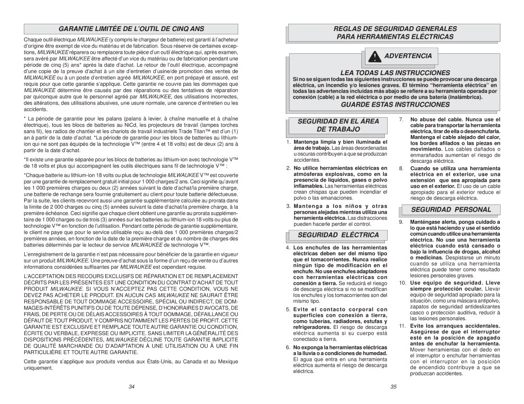 Milwaukee 6391 manual Garantie Limitée DE L’OUTIL DE Cinq ANS, Guarde Estas Instrucciones, Seguridad EN EL Área DE Trabajo 