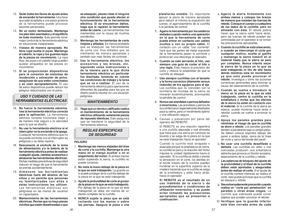 Milwaukee 6391 manual USO Y Cuidado DE LAS Herramientas Eléctricas, Mantenimiento, Reglas Especificas DE Seguridad 