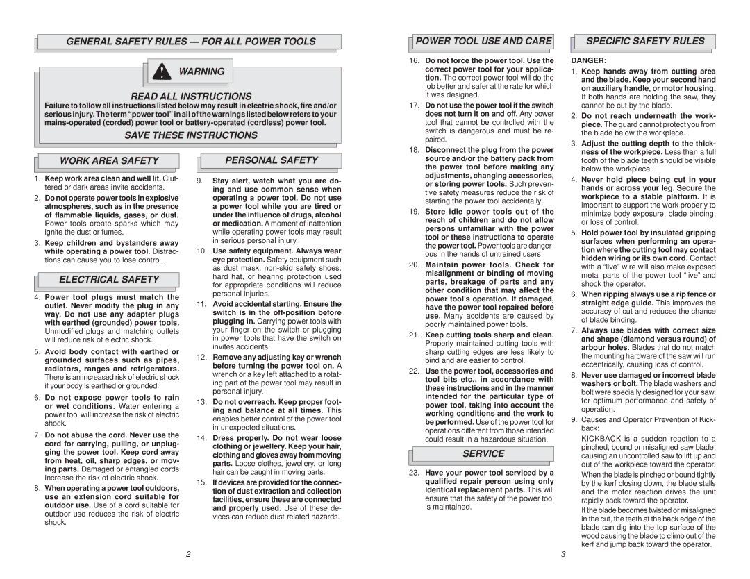 Milwaukee 6391 manual Power Tool USE and Care, Specific Safety Rules, Work Area Safety, Electrical Safety, Personal Safety 