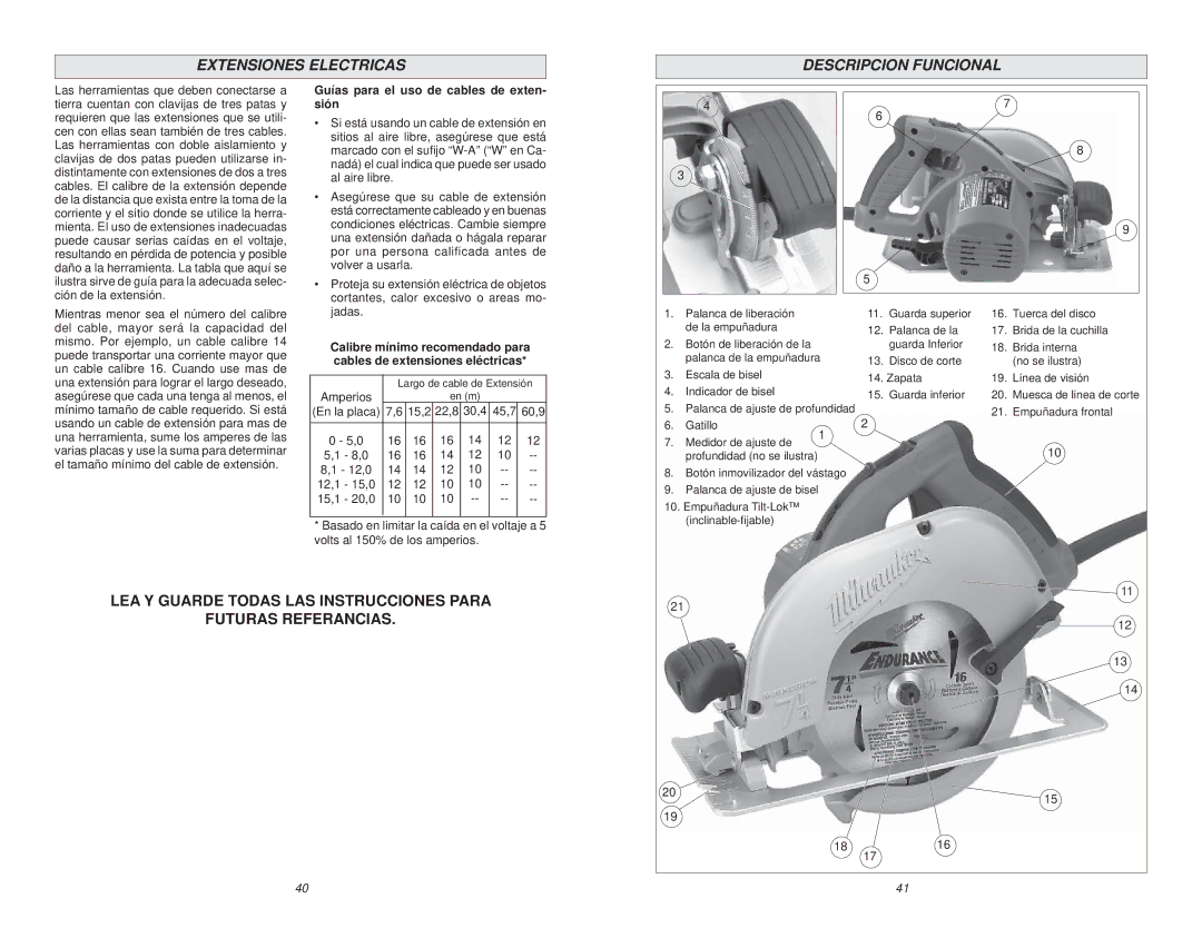 Milwaukee 6391 manual Extensiones Electricas Descripcion Funcional, Guías para el uso de cables de exten- sión, Jadas 