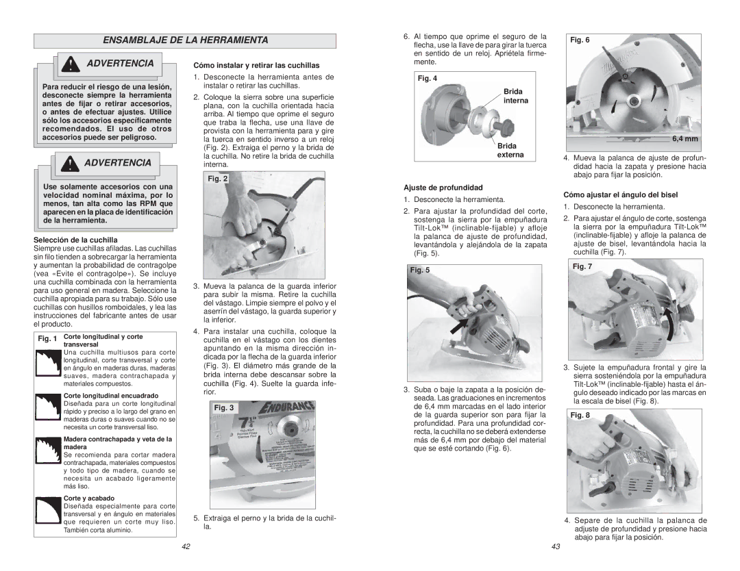 Milwaukee 6391 manual Ensamblaje DE LA Herramienta, Cómo instalar y retirar las cuchillas, Cómo ajustar el ángulo del bisel 