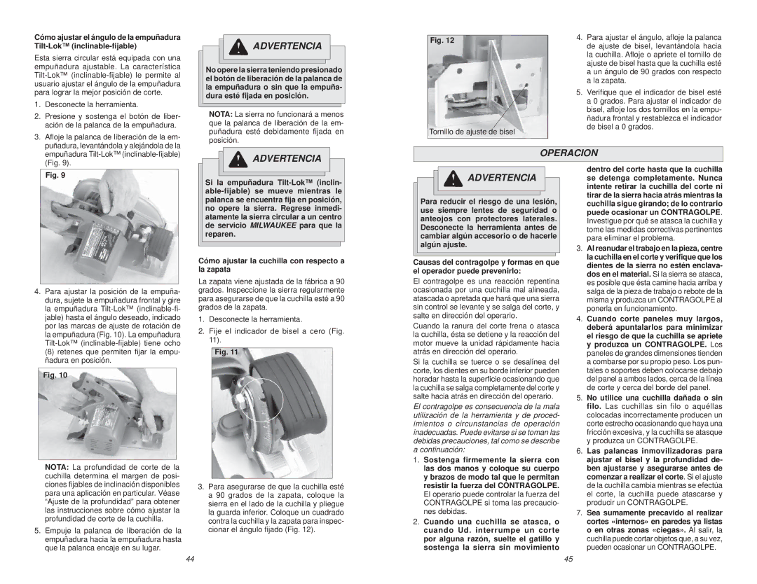 Milwaukee 6391 manual Advertencia Operacion, Retenes que permiten ﬁjar la empu- ñadura en posición 