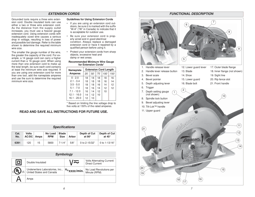 Milwaukee manual Extension Cords Functional Description, Guidelines for Using Extension Cords, 6391 120 