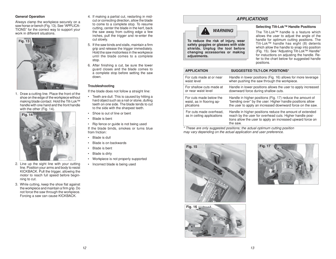 Milwaukee 6391 manual Applications, General Operation, Troubleshooting 