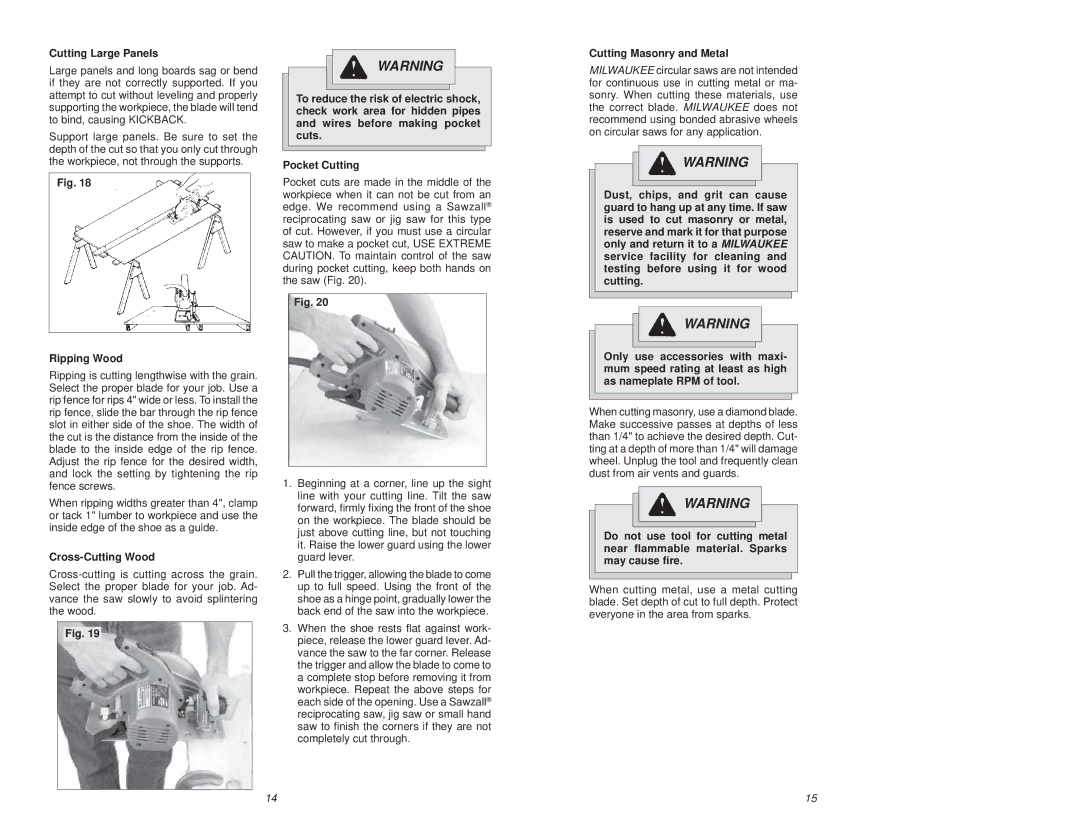 Milwaukee 6391 manual Cutting Large Panels, Ripping Wood, Cross-Cutting Wood, Cutting Masonry and Metal 