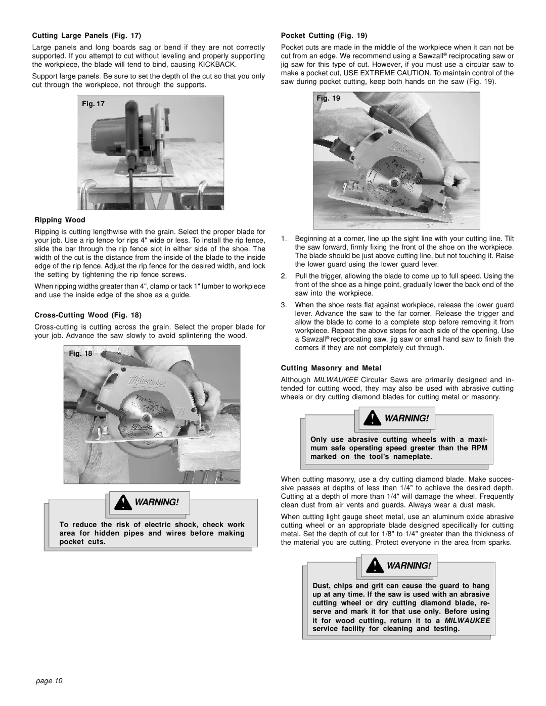 Milwaukee 6394, 6390 manual Cutting Large Panels Fig, Ripping Wood, Cross-Cutting Wood Fig, Cutting Masonry and Metal 