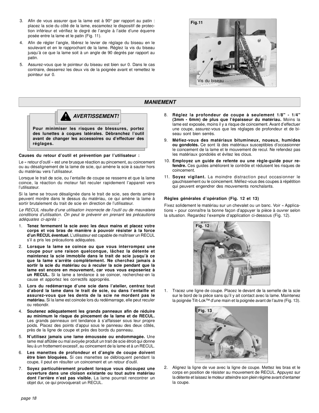 Milwaukee 6394, 6390 manual Maniement Avertissement, Règles générales d’opération et 