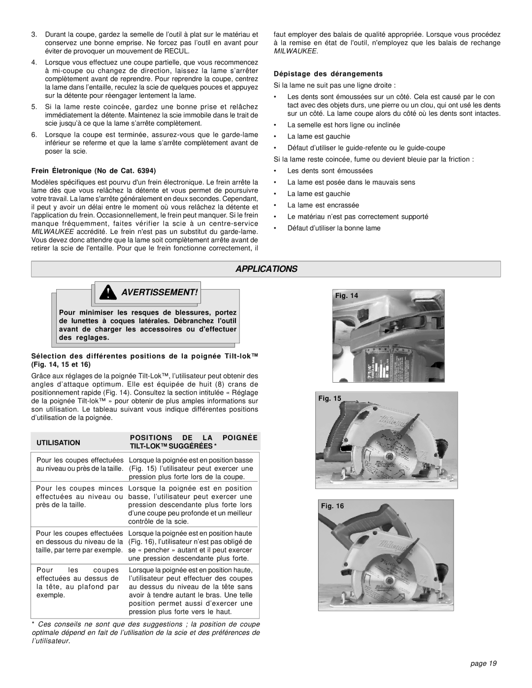 Milwaukee 6390, 6394 manual Applications Avertissement, Frein Életronique No de Cat, Dépistage des dérangements 