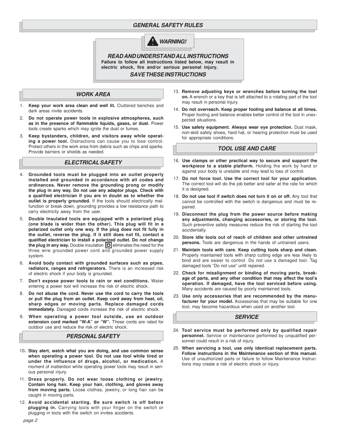 Milwaukee 6394 General Safety Rules Read and Understand ALL Instructions, Work Area, Electrical Safety, Personal Safety 