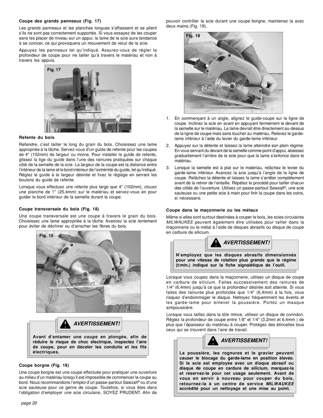 Milwaukee 6394, 6390 manual Coupe des grands panneaux Fig, Refente du bois, Coupe transversale du bois Fig 