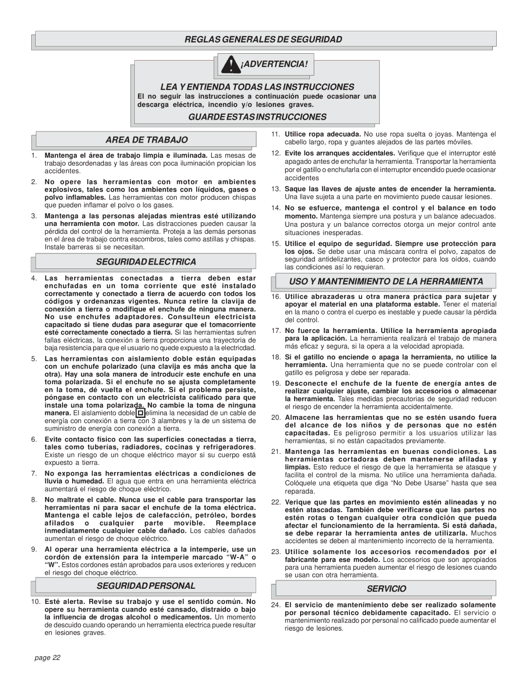 Milwaukee 6394 Guarde Estas Instrucciones Area DE Trabajo, Seguridad Electrica, USO Y Mantenimiento DE LA Herramienta 