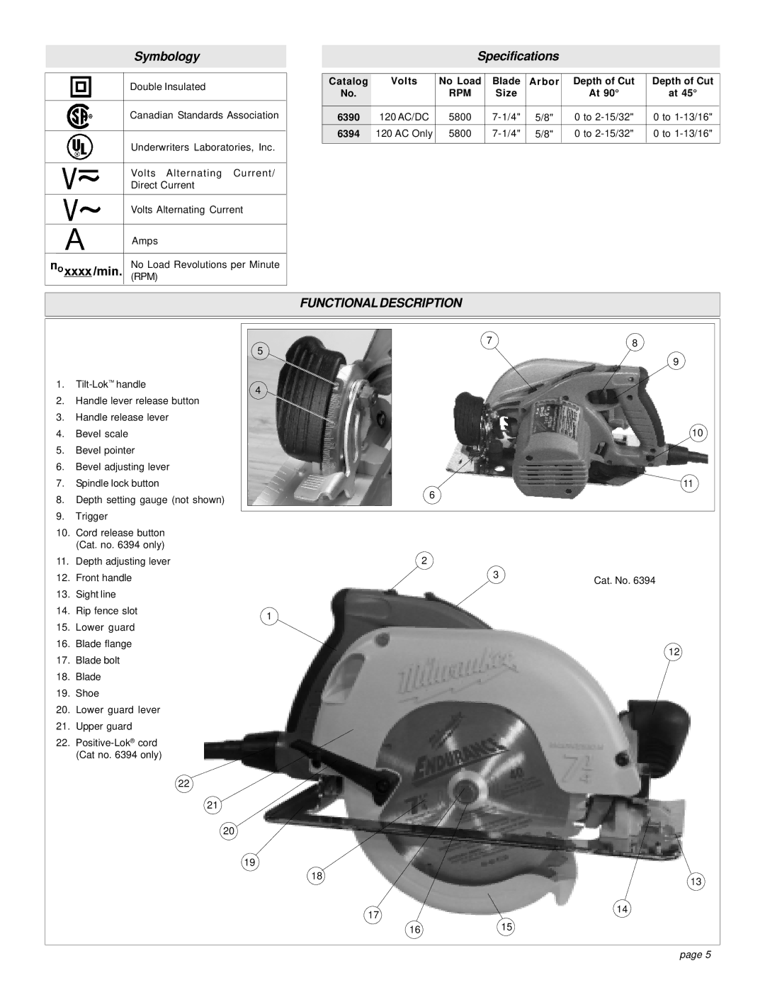 Milwaukee manual Functional Description, Catalog Volts No Load Blade Arbor Depth of Cut, Size 6390, 6394 