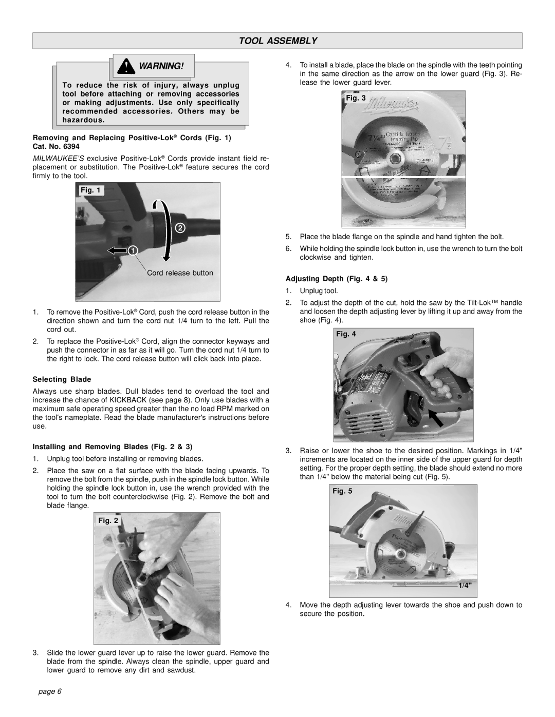 Milwaukee 6394, 6390 manual Tool Assembly, Selecting Blade, Installing and Removing Blades, Adjusting Depth 