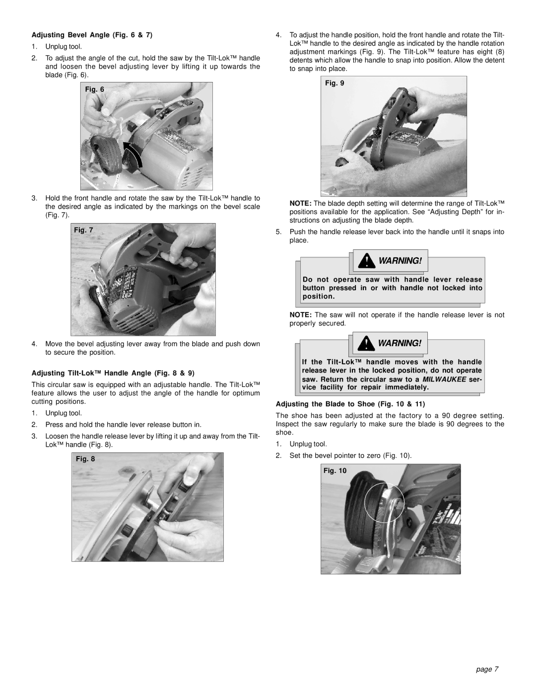 Milwaukee 6390, 6394 manual Adjusting Bevel Angle, Adjusting Tilt-Lok Handle Angle, Adjusting the Blade to Shoe 