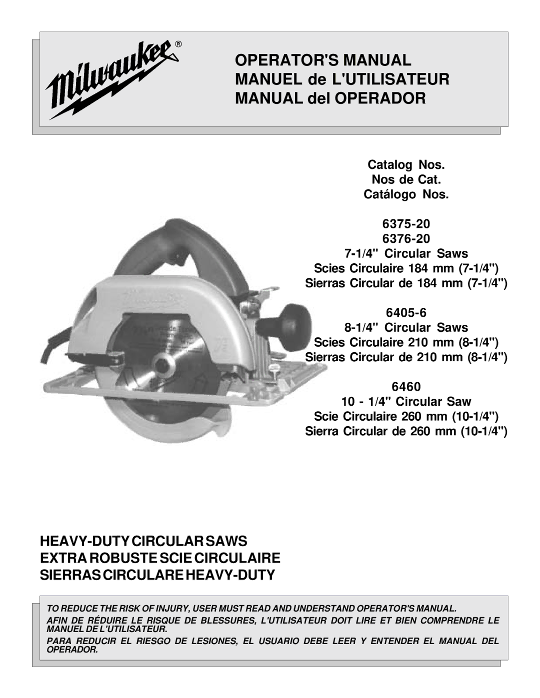 Milwaukee 6375-20, 6460, 6376-20, 6405-6 manual Operators Manual 