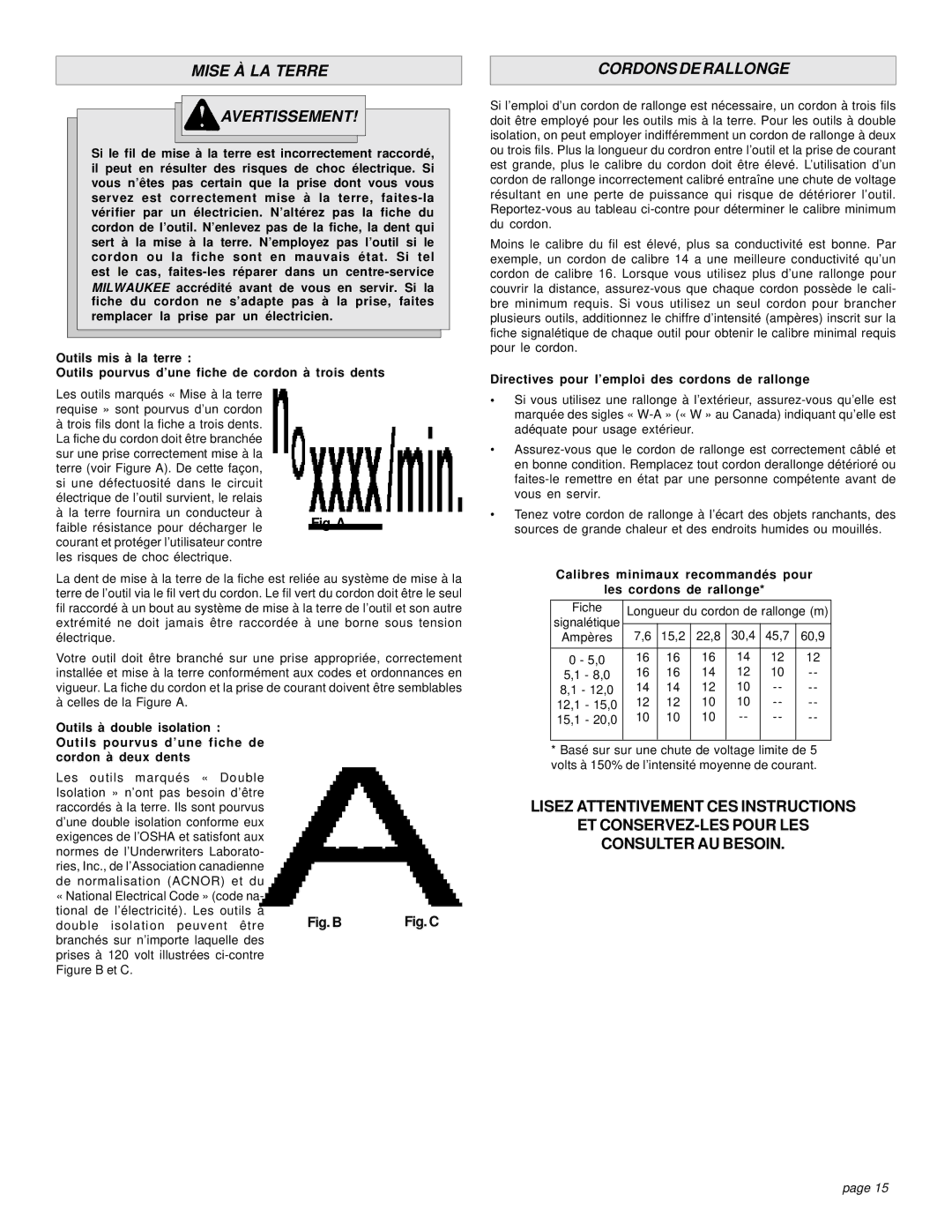 Milwaukee 6405-6, 6460, 6375-20, 6376-20 manual Mise À LA Terre Avertissement, Cordons DE Rallonge, Trois dents 