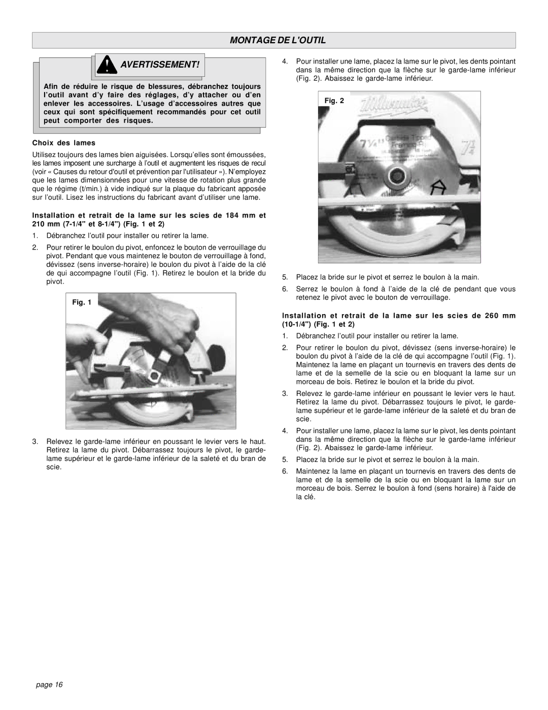 Milwaukee 6460, 6375-20, 6376-20, 6405-6 manual Montage DE Loutil Avertissement 