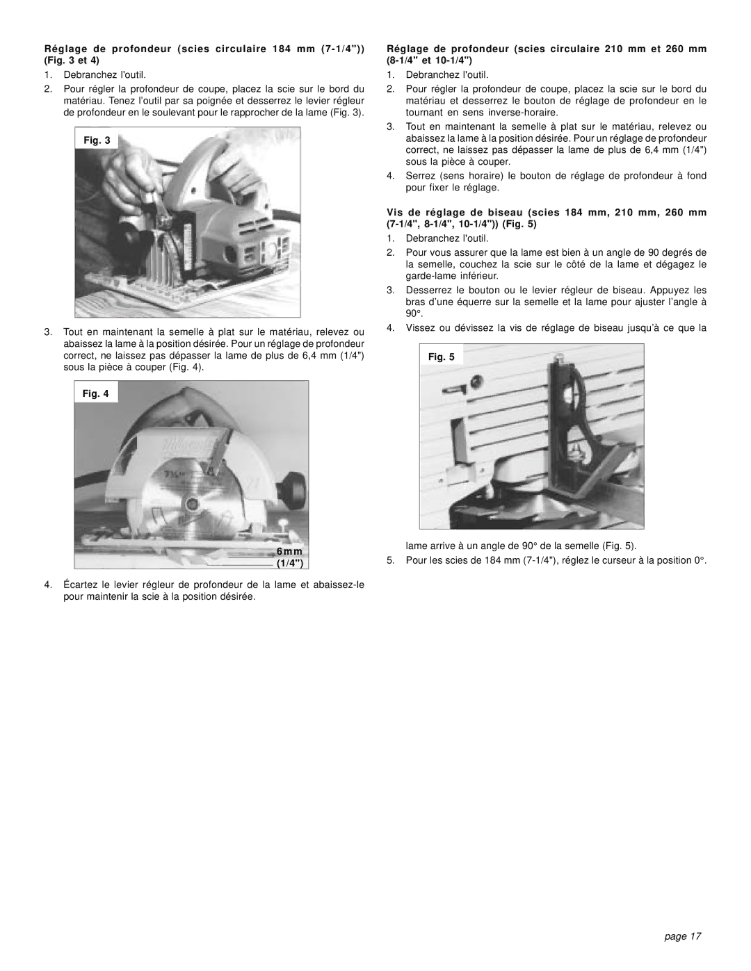 Milwaukee 6375-20, 6460, 6376-20, 6405-6 manual Réglage de profondeur scies circulaire 184 mm 7-1/4 et, M 1/4 