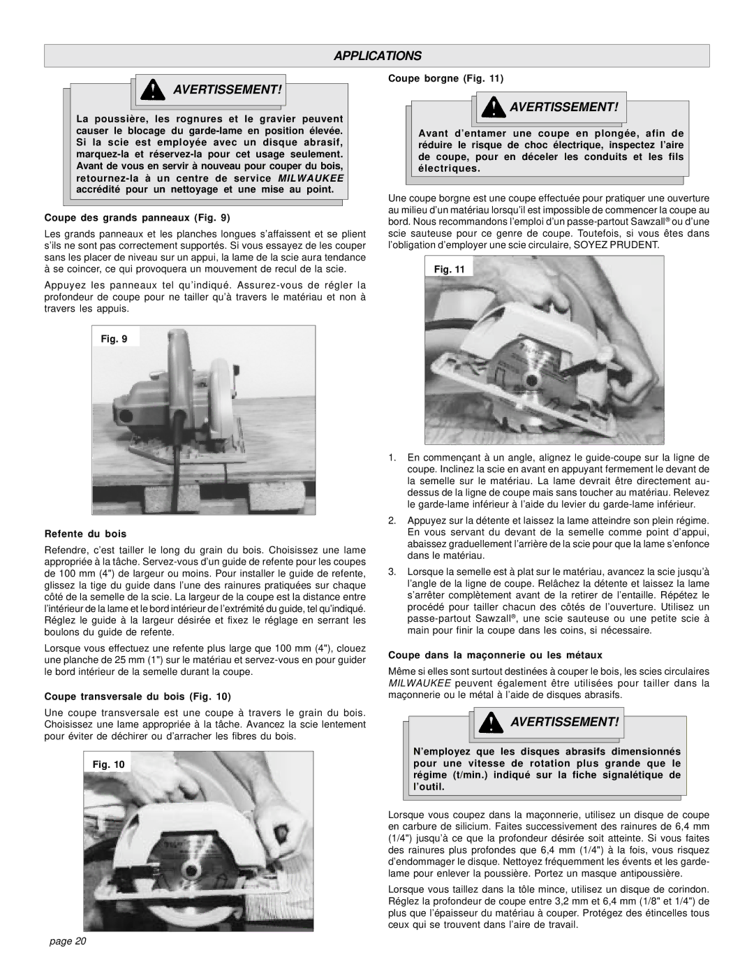 Milwaukee 6460, 6375-20, 6376-20, 6405-6 manual Applications Avertissement 