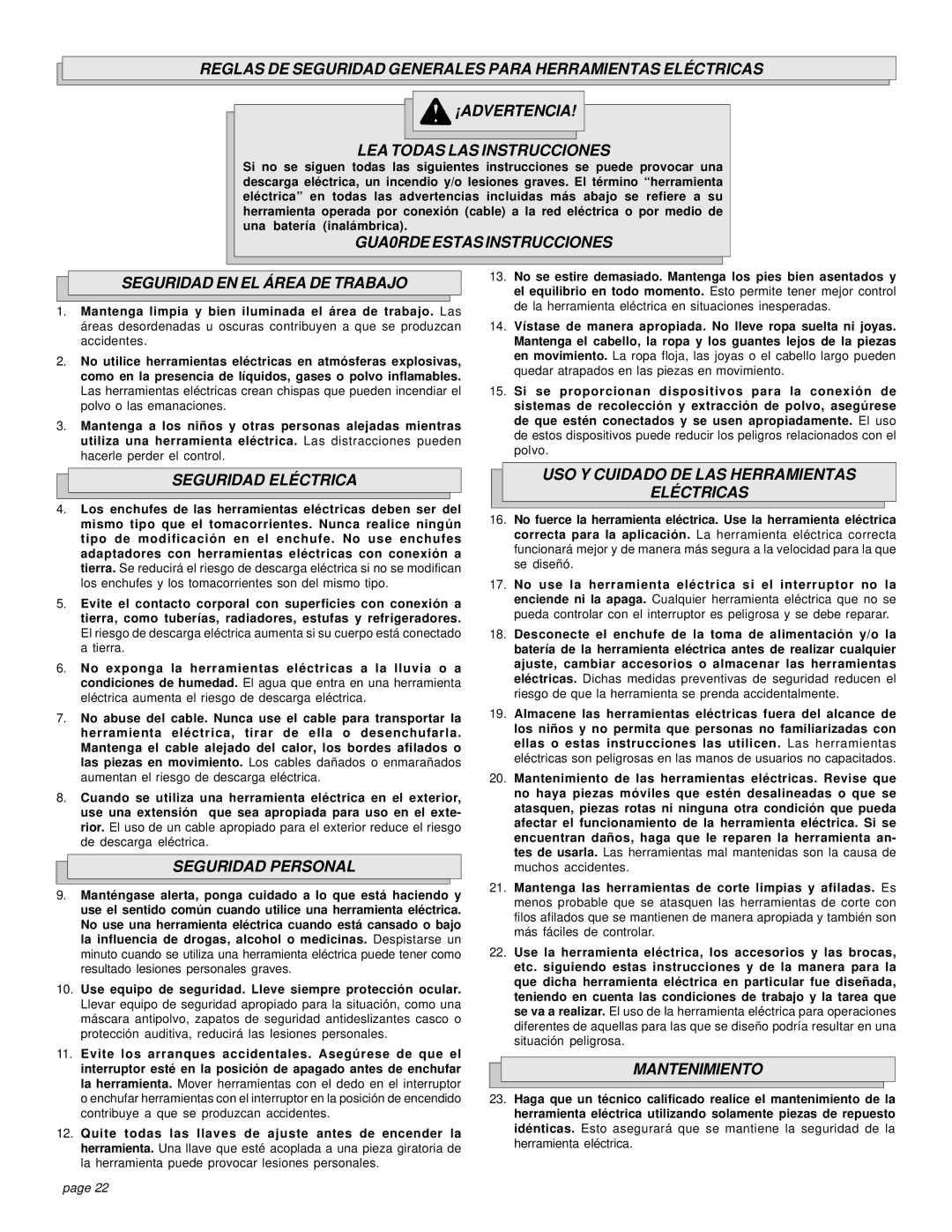 Milwaukee 6376-20 GUA0RDE Estas Instrucciones Seguridad EN EL Área DE Trabajo, Seguridad Eléctrica, Seguridad Personal 