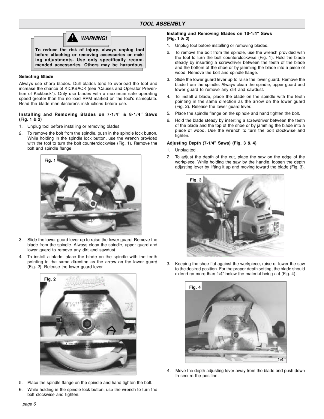 Milwaukee 6376-20, 6460 Tool Assembly, Installing and Removing Blades on 7-1/4 & 8-1/4 Saws, Adjusting Depth 7-1/4 Saws 