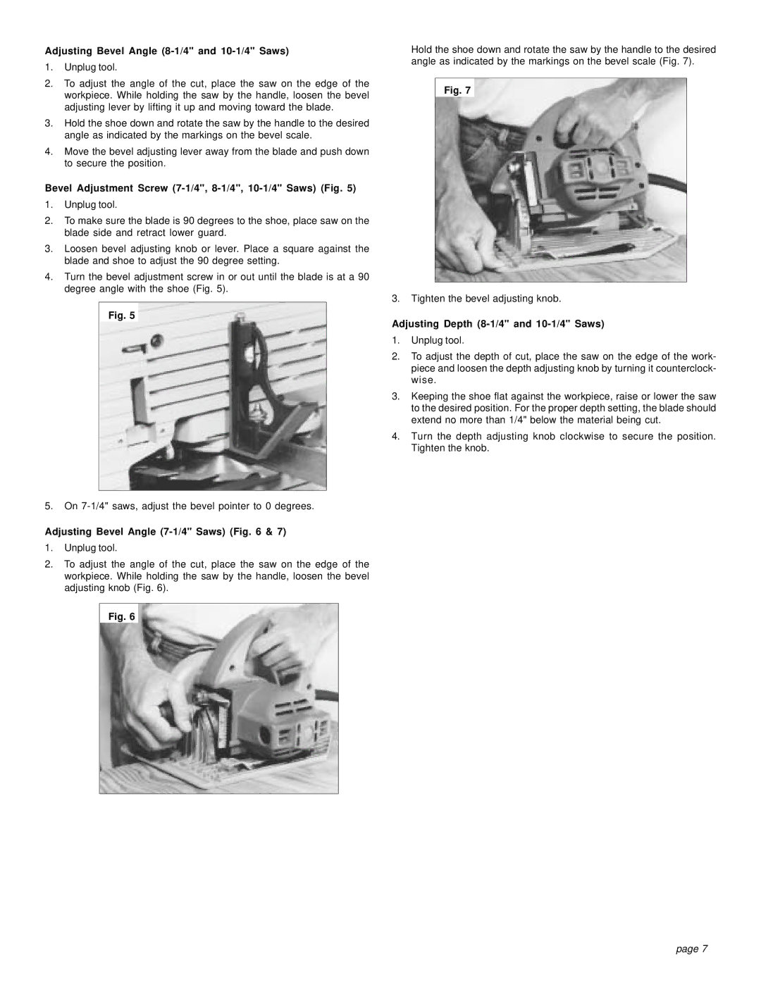 Milwaukee 6405-6, 6460 Adjusting Bevel Angle 8-1/4 and 10-1/4 Saws, Bevel Adjustment Screw 7-1/4, 8-1/4, 10-1/4 Saws Fig 