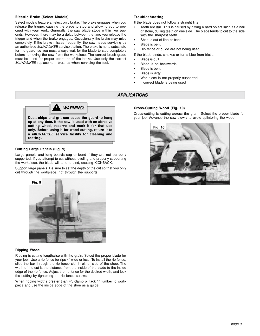 Milwaukee 6375-20, 6460 Applications, Electric Brake Select Models, Troubleshooting, Ripping Wood, Cross-Cutting Wood Fig 