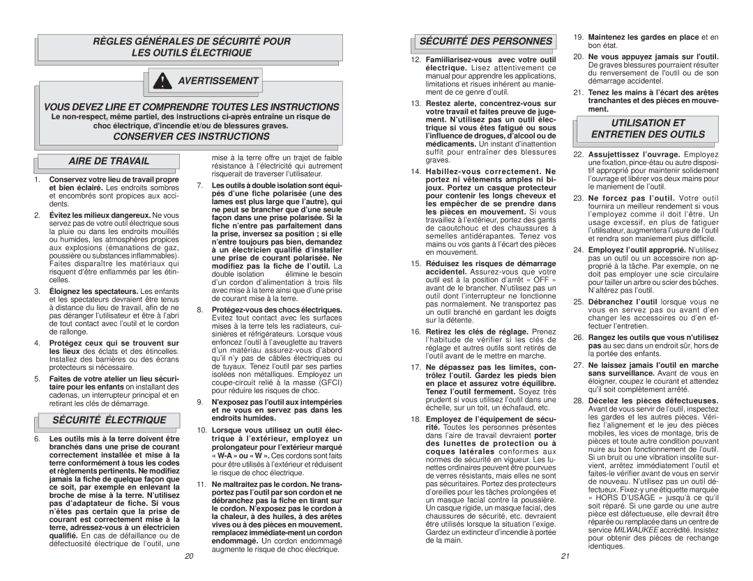 Milwaukee 6480-20 Conserver CES Instructions Sécurité DES Personnes, Utilisation ET Entretien DES Outils Aire DE Travail 