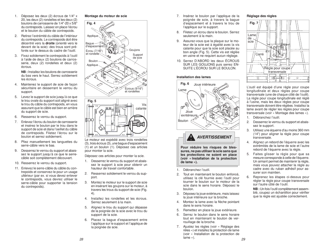 Milwaukee 6480-20 manual Montage du moteur de scie, Installation des lames, Réglage des règles 