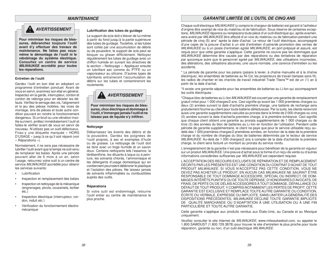 Milwaukee 6480-20 manual Entretien de l’outil, Lubriﬁcation des tubes de guidage, Nettoyage, Réparations 