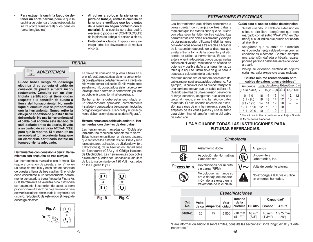 Milwaukee 6480-20 manual Extensiones Electricas, Tierra, Simbología, Especiﬁcaciones 