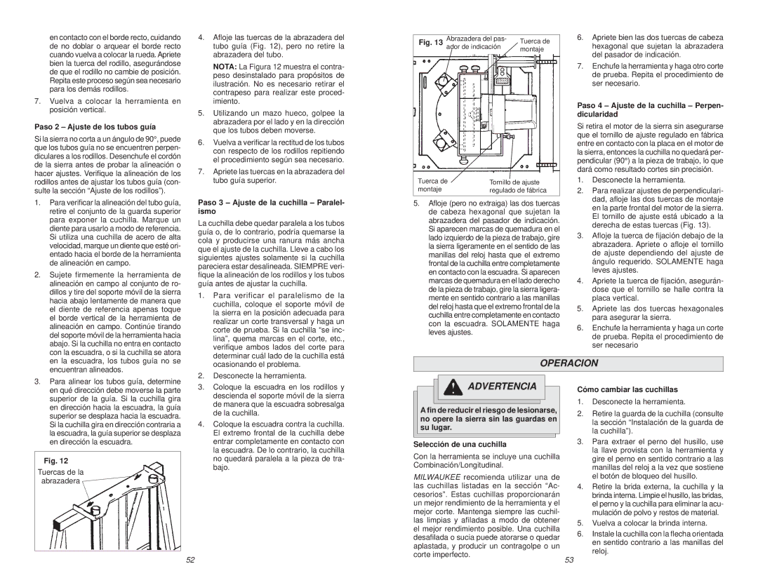 Milwaukee 6480-20 manual Operacion, Paso 2 Ajuste de los tubos guía, Paso 4 Ajuste de la cuchilla Perpen- dicularidad 