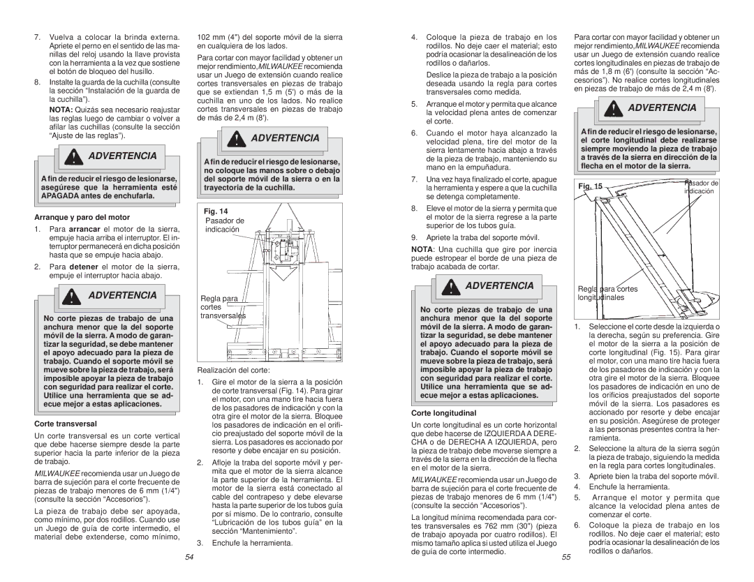 Milwaukee 6480-20 manual Arranque y paro del motor, Corte transversal, Corte longitudinal, Regla para cortes longitudinales 