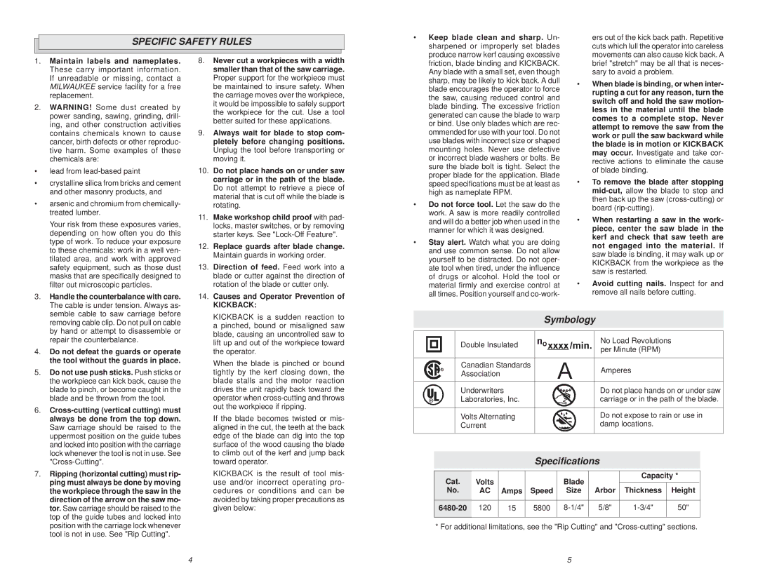 Milwaukee 6480-20 manual Specific Safety Rules, Symbology, Speciﬁcations 